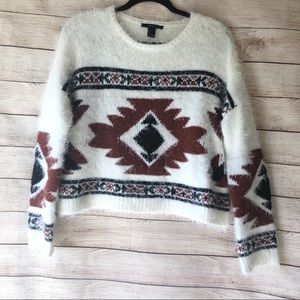 Forever 21 Aztec Shag Shag Cropped Sweater Large